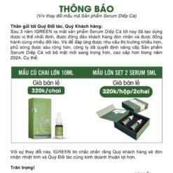 thông báo thay đổi mẫ mã serum trị mụn diếp cá igreen